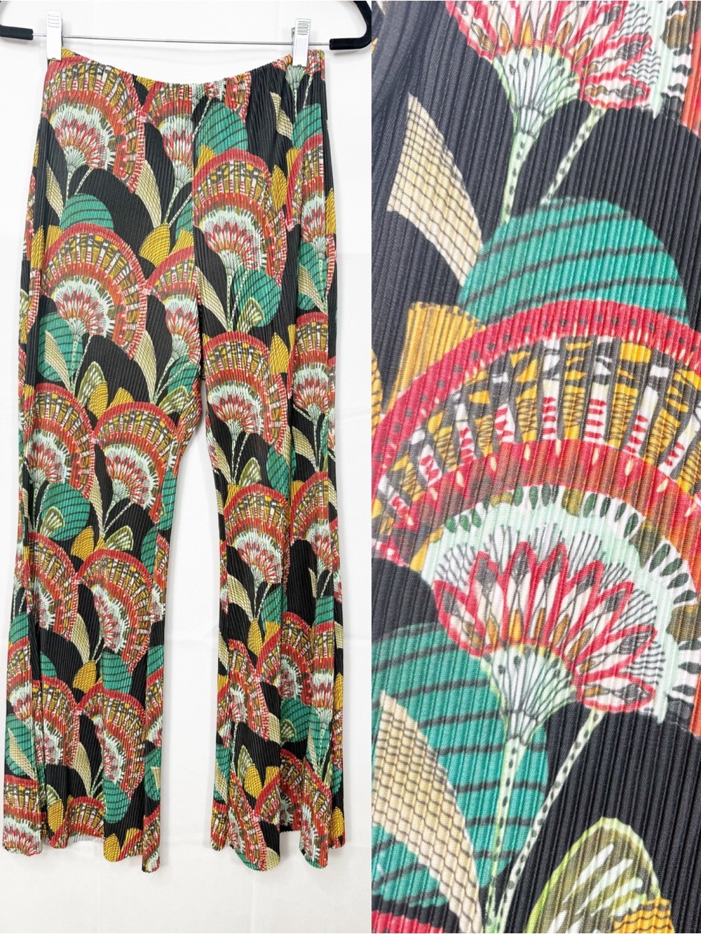 Free People High Rise Micro Pleated Flare Wide Leg Pull On Pants Boho Fan Print